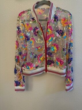 Adore Sheer Multicolor Sequin Bomber Jacket with Striped Trim